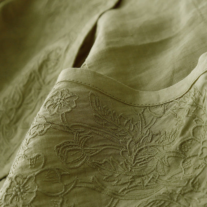 Chemise à manches courtes en coton pour femme, ornée de broderies artistiques en couleurs pures avec Buddha Stones et boutons sur le devant - image 20