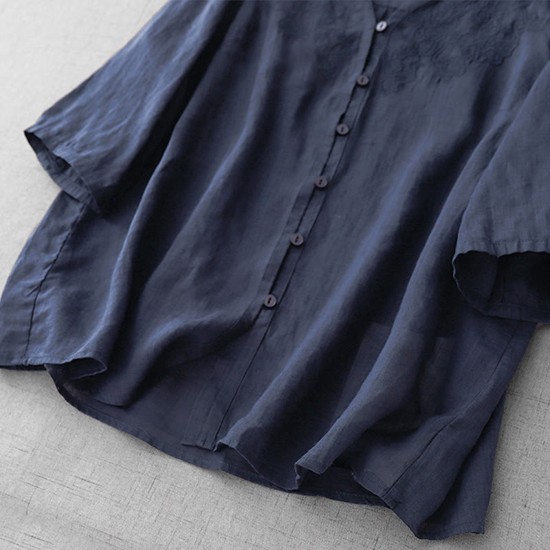 Chemise à manches courtes en coton pour femme, ornée de broderies artistiques en couleurs pures avec Buddha Stones et boutons sur le devant - image 24