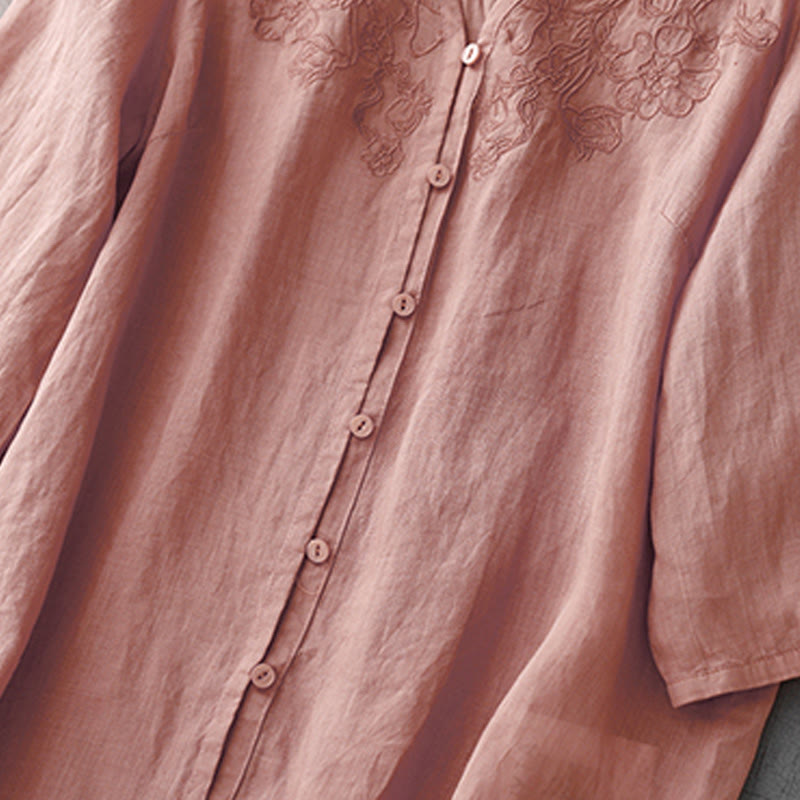 Chemise à manches courtes en coton pour femme, ornée de broderies artistiques en couleurs pures avec Buddha Stones et boutons sur le devant - image 8