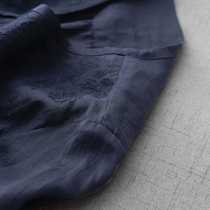 Chemise à manches courtes en coton pour femme, ornée de broderies artistiques en couleurs pures avec Buddha Stones et boutons sur le devant - image 25