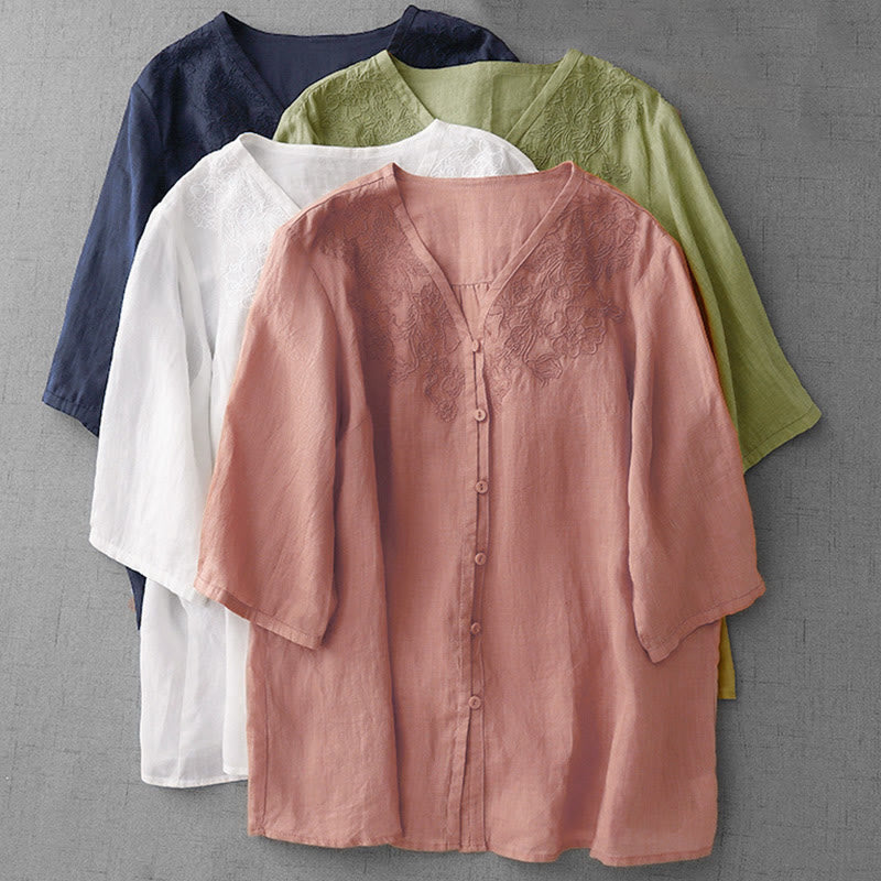 Chemise à manches courtes en coton pour femme, ornée de broderies artistiques en couleurs pures avec Buddha Stones et boutons sur le devant - image 29