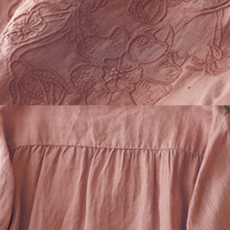 Chemise à manches courtes en coton pour femme, ornée de broderies artistiques en couleurs pures avec Buddha Stones et boutons sur le devant - image 9