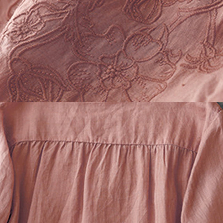 Chemise à manches courtes en coton pour femme, ornée de broderies artistiques en couleurs pures avec Buddha Stones et boutons sur le devant - image 9