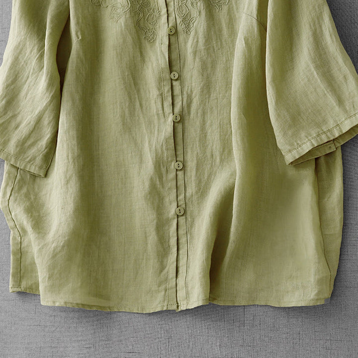 Chemise à manches courtes en coton pour femme, ornée de broderies artistiques en couleurs pures avec Buddha Stones et boutons sur le devant - image 18