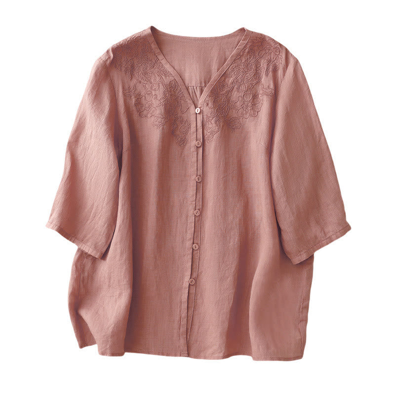 Chemise à manches courtes en coton pour femme, ornée de broderies artistiques en couleurs pures avec Buddha Stones et boutons sur le devant - image 10