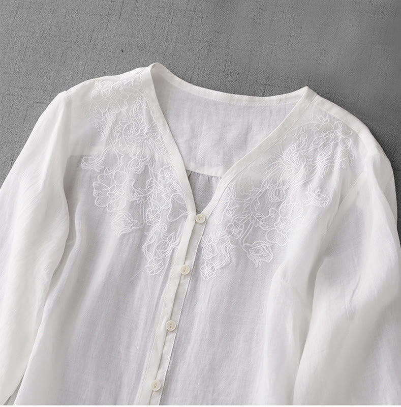 Chemise à manches courtes en coton pour femme, ornée de broderies artistiques en couleurs pures avec Buddha Stones et boutons sur le devant - image 12