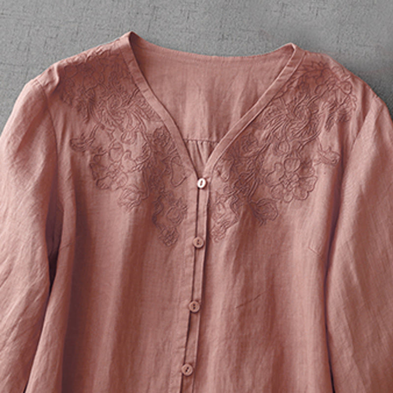 Chemise à manches courtes en coton pour femme, ornée de broderies artistiques en couleurs pures avec Buddha Stones et boutons sur le devant - image 3