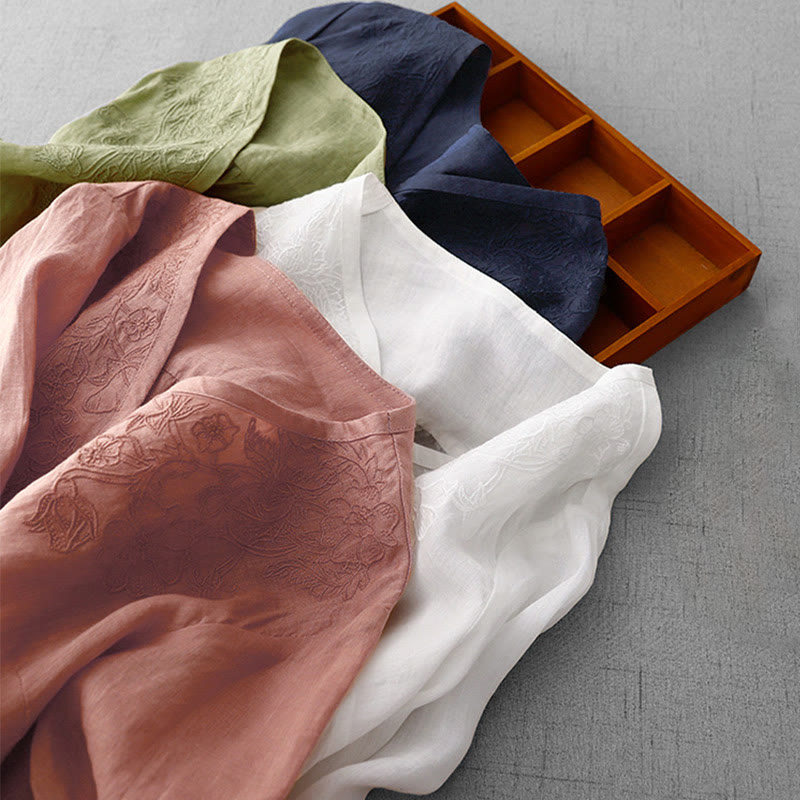 Chemise à manches courtes en coton pour femme, ornée de broderies artistiques en couleurs pures avec Buddha Stones et boutons sur le devant - image 30