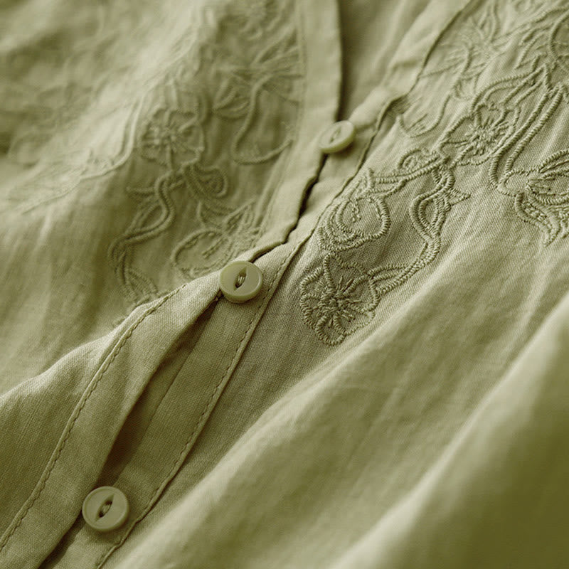 Chemise à manches courtes en coton pour femme, ornée de broderies artistiques en couleurs pures avec Buddha Stones et boutons sur le devant - image 19