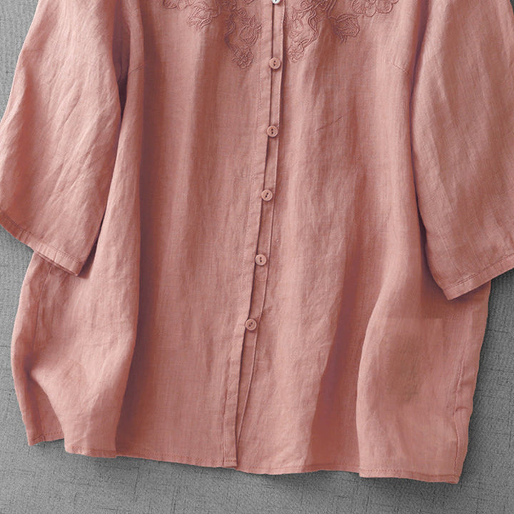 Cardigan en coton à manches mi-longues pour femme, motif Buddha Stones, broderie artistique de couleur pure, bouton sur le devant - image 2