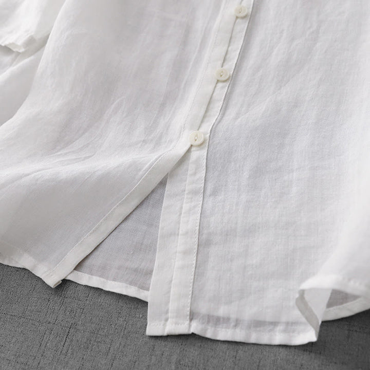 Chemise à manches courtes en coton pour femme, ornée de broderies artistiques en couleurs pures avec Buddha Stones et boutons sur le devant - image 13