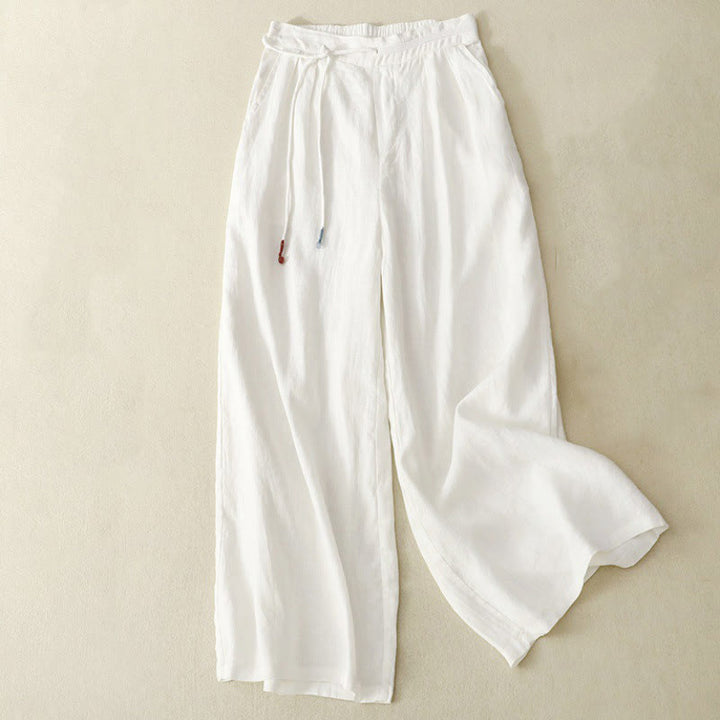 Pantalon décontracté à jambes larges en coton et lin pour femme, couleur unie, avec cordon de serrage, longueur 7-8, avec poches , Buddha Stones printemps - Blanc - US8-10，UK/AU12-14，EU40-42 (2XL) - image 3