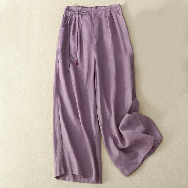 Pantalon décontracté à jambes larges en coton et lin pour femme, couleur unie, avec cordon de serrage, longueur 7-8, avec poches , Buddha Stones printemps - Orchidée moyenne - US8-10，UK/AU12-14，EU40-42 (2XL) - image 0