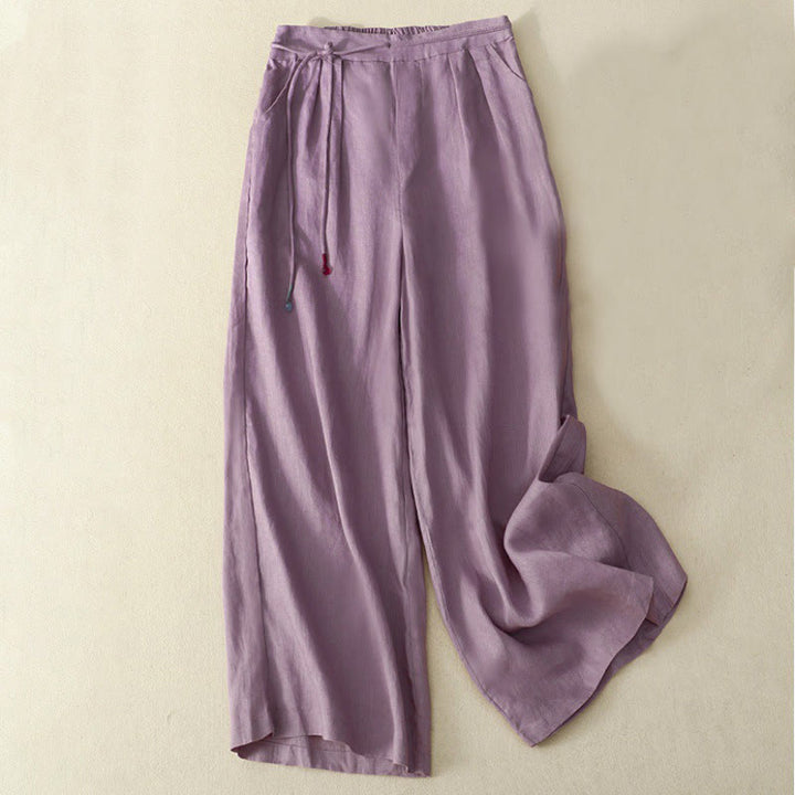 Pantalon décontracté à jambes larges en coton et lin pour femme, couleur unie, avec cordon de serrage, longueur 7-8, avec poches , Buddha Stones printemps - Orchidée moyenne - US8-10，UK/AU12-14，EU40-42 (2XL) - image 0