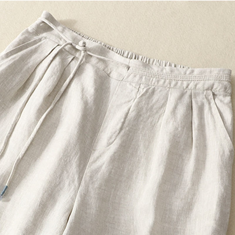 Pantalon décontracté à jambes larges en coton et lin pour femme, couleur unie, avec cordon de serrage, longueur 7-8, avec poches , Buddha Stones printemps - image 12