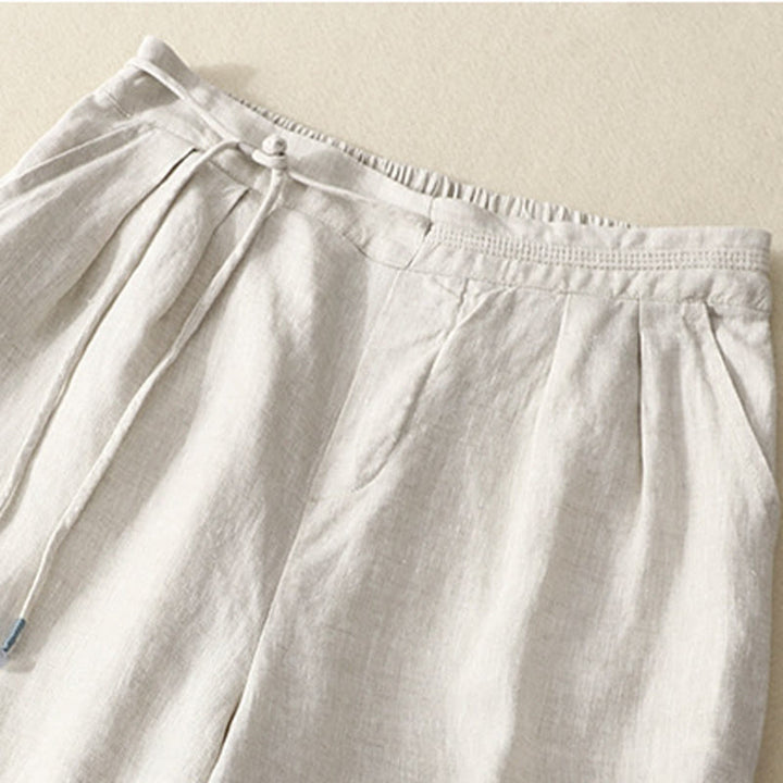 Pantalon décontracté à jambes larges en coton et lin pour femme, couleur unie, avec cordon de serrage, longueur 7-8, avec poches , Buddha Stones printemps - image 12