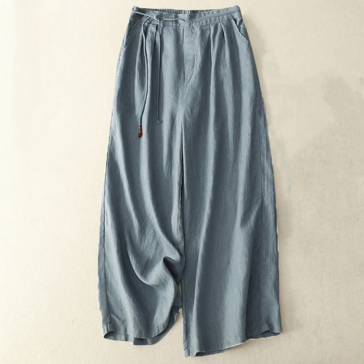 Pantalon décontracté à jambes larges en coton et lin pour femme, couleur unie, avec cordon de serrage, longueur 7-8, avec poches , Buddha Stones printemps - Bleu acier - US8-10，UK/AU12-14，EU40-42 (2XL) - image 6