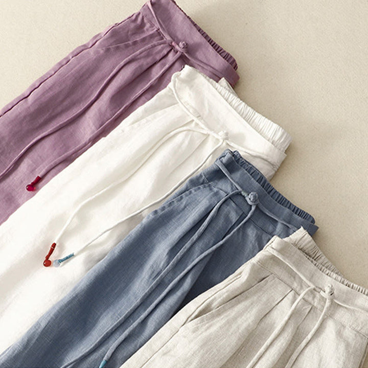 Pantalon décontracté à jambes larges en coton et lin pour femme, couleur unie, avec cordon de serrage, longueur 7-8, avec poches , Buddha Stones printemps - image 19