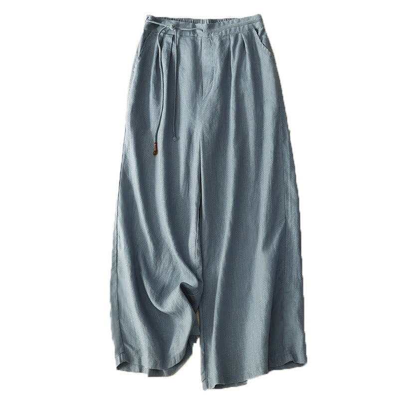 Pantalon décontracté à jambes larges en coton et lin pour femme, couleur unie, avec cordon de serrage, longueur 7-8, avec poches , Buddha Stones printemps - image 9