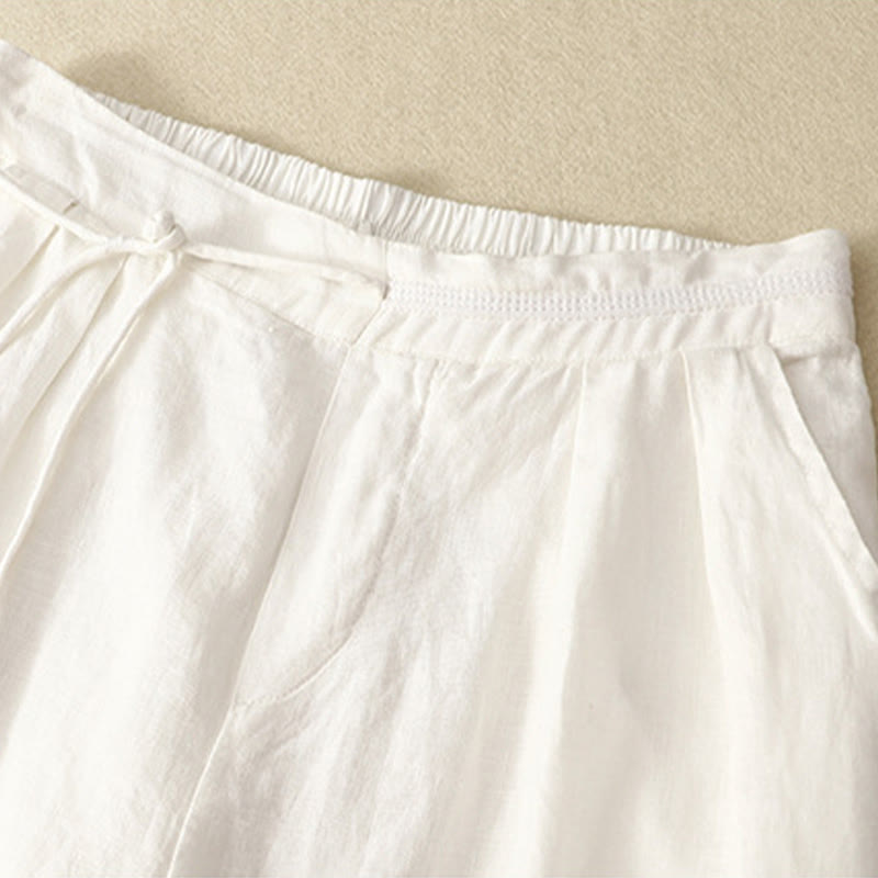 Pantalon décontracté à jambes larges en coton et lin pour femme, couleur unie, avec cordon de serrage, longueur 7-8, avec poches , Buddha Stones printemps - image 4