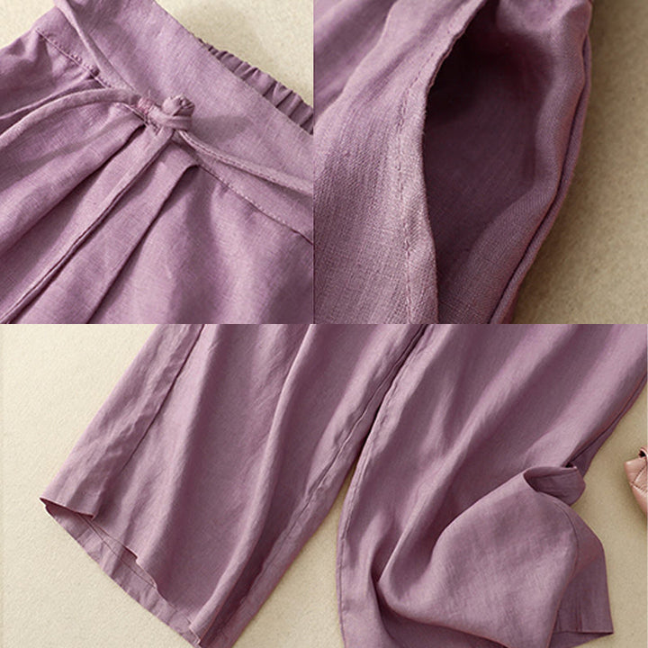 Pantalon décontracté à jambes larges en coton et lin pour femme, couleur unie, avec cordon de serrage, longueur 7-8, avec poches , Buddha Stones printemps - image 2