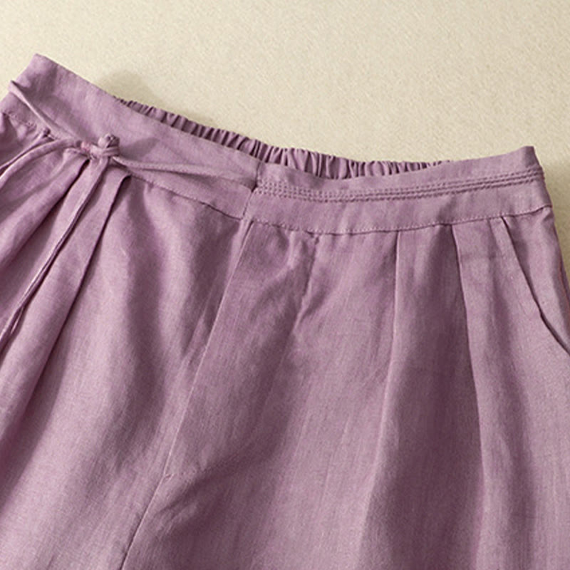 Pantalon décontracté à jambes larges en coton et lin pour femme, couleur unie, avec cordon de serrage, longueur 7-8, avec poches , Buddha Stones printemps - image 1