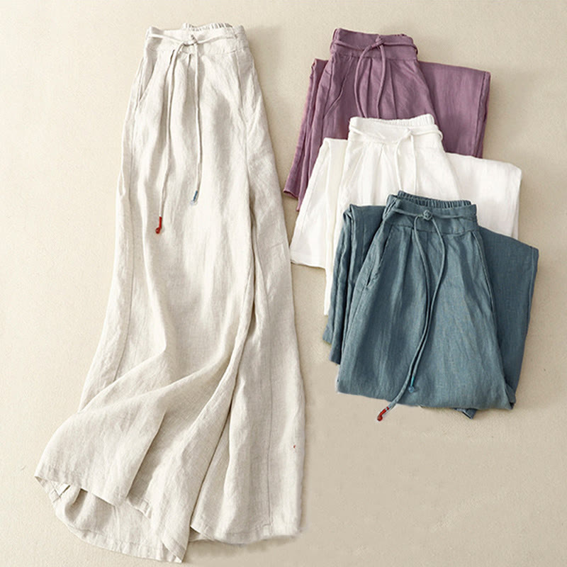Pantalon décontracté à jambes larges en coton et lin pour femme, couleur unie, avec cordon de serrage, longueur 7-8, avec poches , Buddha Stones printemps - image 18