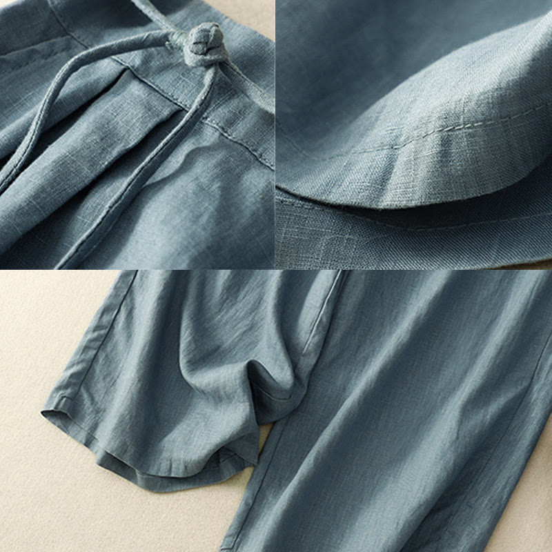 Pantalon décontracté à jambes larges en coton et lin pour femme, couleur unie, avec cordon de serrage, longueur 7-8, avec poches , Buddha Stones printemps - image 8