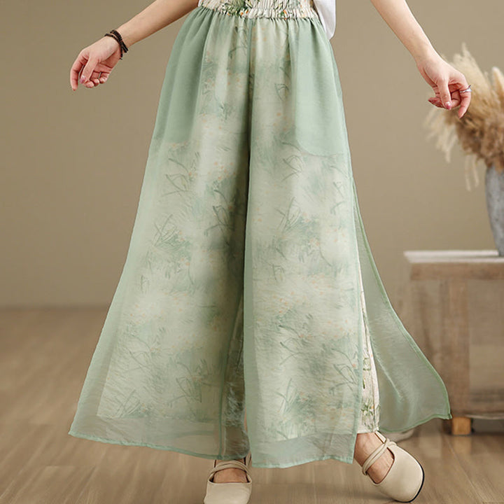 Pantalon large en coton avec poches pour femme, imprimé vintage Buddha Stones, motif végétal, double épaisseur - Vert mer moyen - US8-10，UK/AU12-14，EU40-42 (2XL) - image 0