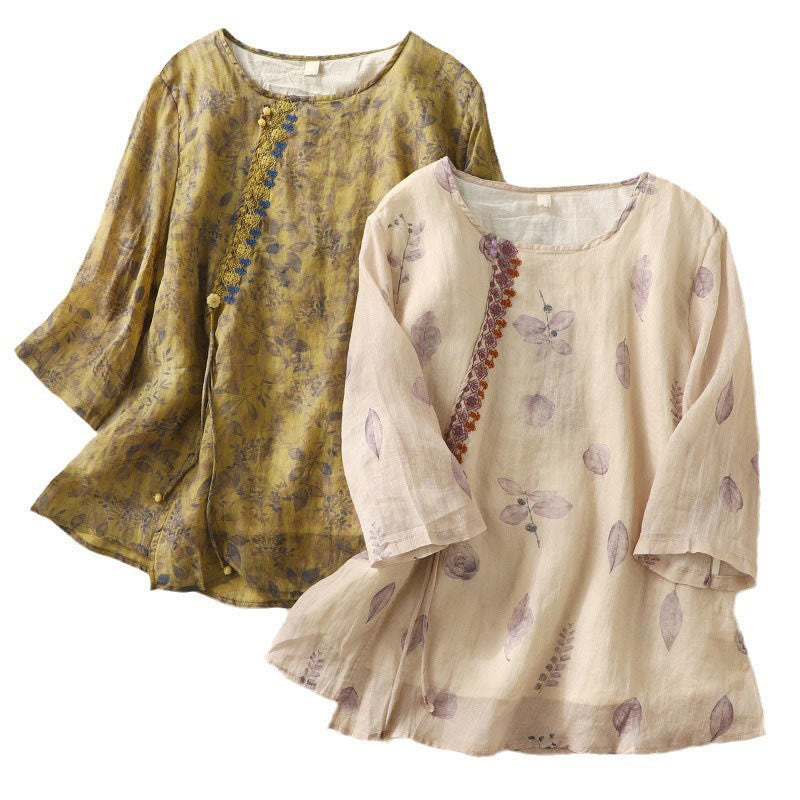 Chemise femme en coton et lin à manches trois-quarts avec broderie de Buddha Stones - image 20