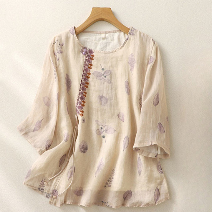 Chemise femme en coton et lin à manches trois-quarts avec broderie de Buddha Stones - OldLace - US12，UK/AU16，EU44 (2XL) - image 0