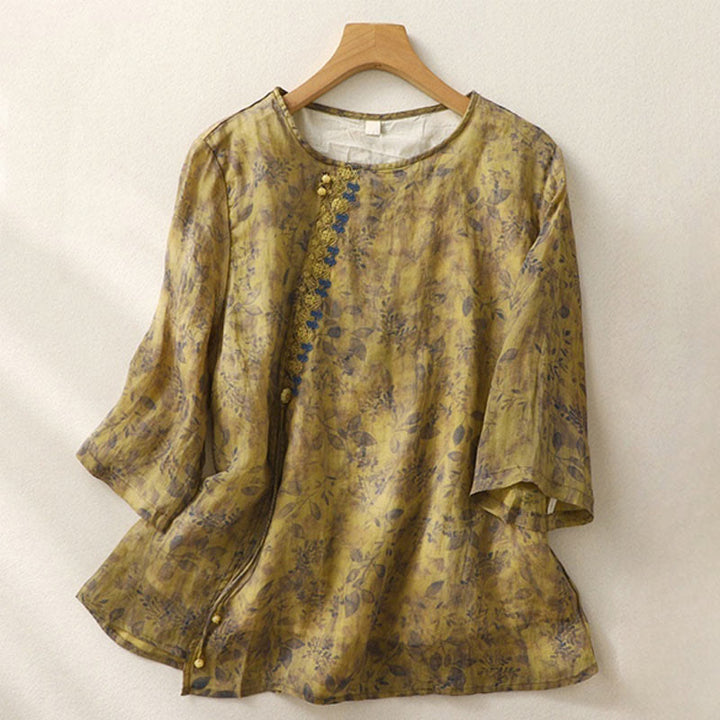 Chemise femme en coton et lin à manches trois-quarts avec broderie de Buddha Stones - Verge d'or foncée - US12，UK/AU16，EU44 (2XL) - image 13