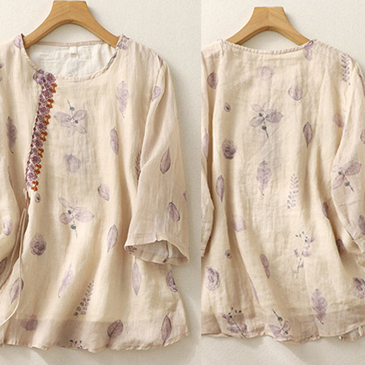 Chemise femme en coton et lin à manches trois-quarts avec broderie de Buddha Stones - image 3