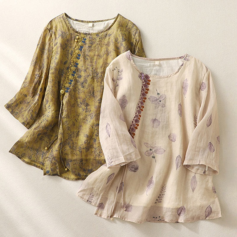 Chemise femme en coton et lin à manches trois-quarts avec broderie de Buddha Stones - image 19