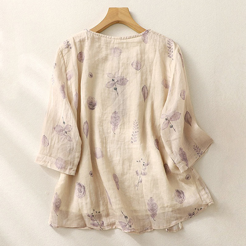 Chemise femme en coton et lin à manches trois-quarts avec broderie de Buddha Stones - image 2