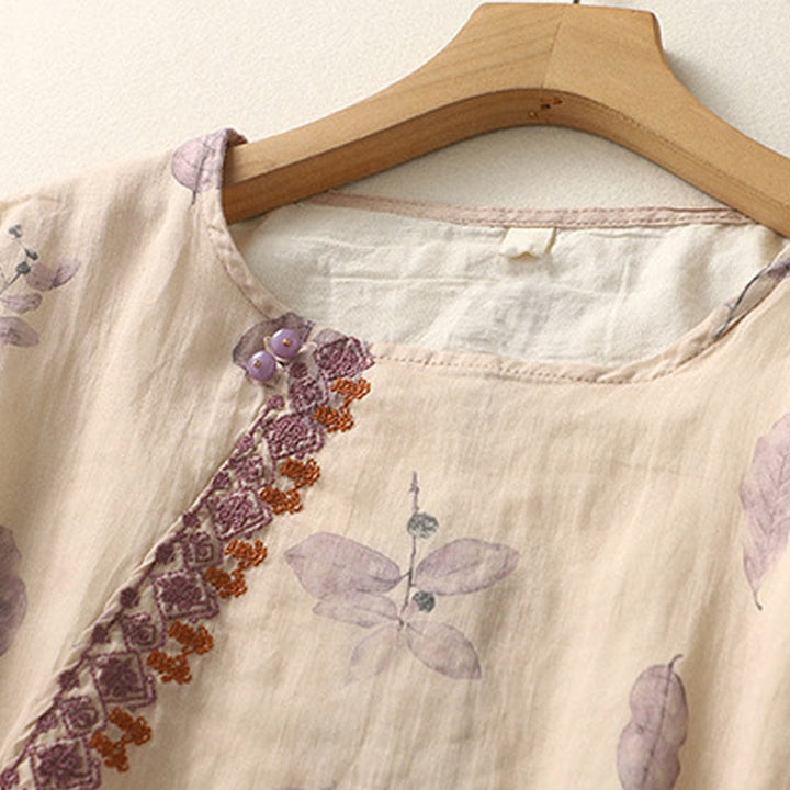 Chemise femme en coton et lin à manches trois-quarts avec broderie de Buddha Stones - image 4