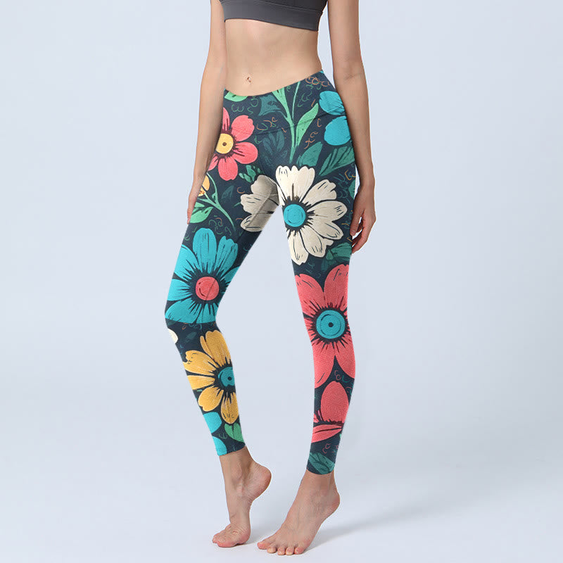 Leggings de sport à imprimé floral coloré avec Buddha Stones pour femme - Noir - US18，UK/AU22，EU50 (4XL) - image 1