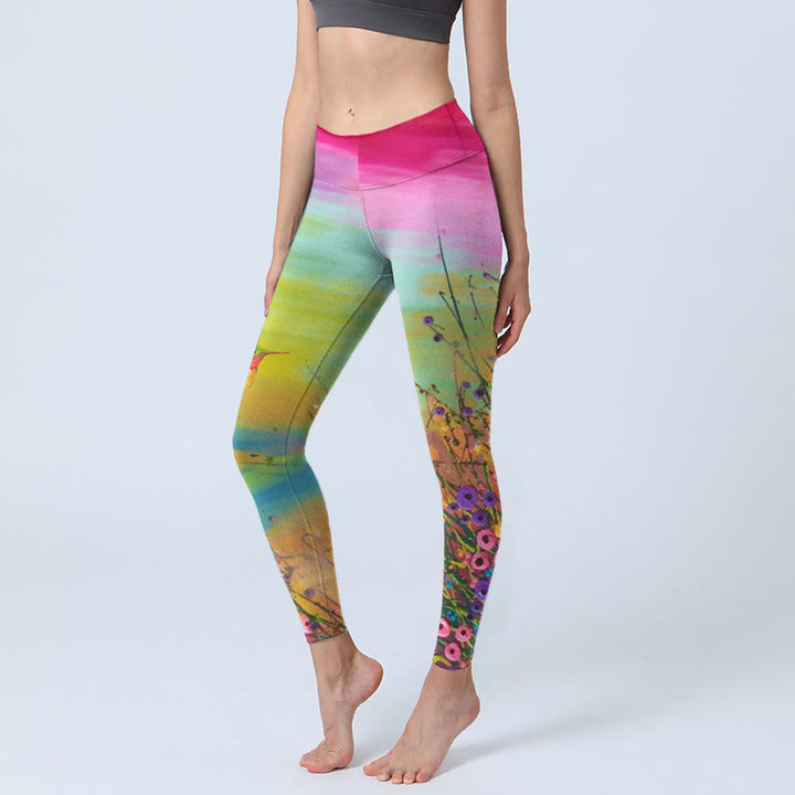Leggings de sport imprimés Buddha Stones , fleurs et oiseaux, pantalons de yoga pour femmes - JauneVert - US18，UK/AU22，EU50 (4XL) - image 1