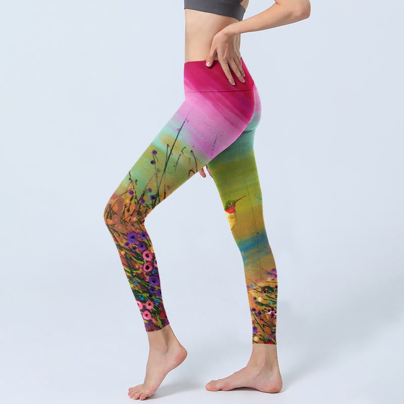 Leggings de sport imprimés Buddha Stones , fleurs et oiseaux, pantalons de yoga pour femmes - image 3
