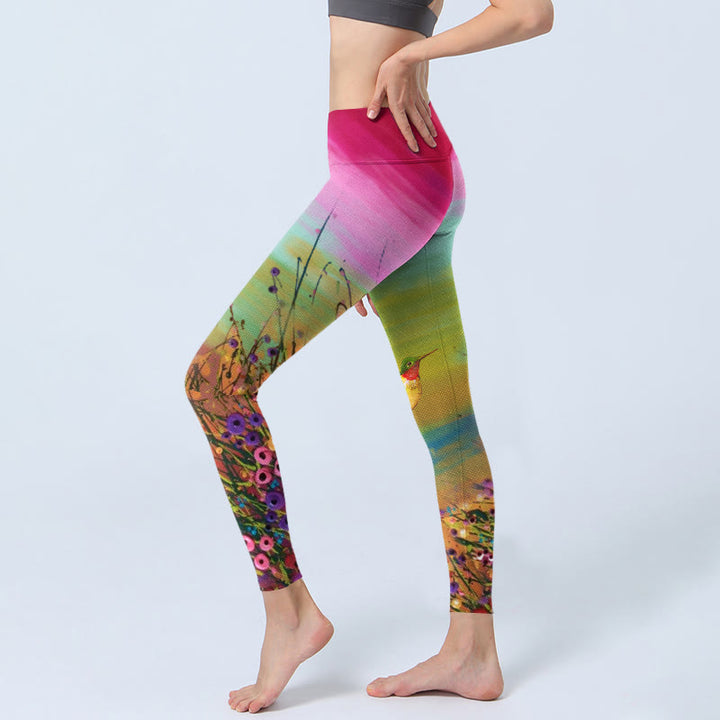 Leggings de sport imprimés Buddha Stones , fleurs et oiseaux, pantalons de yoga pour femmes - image 2