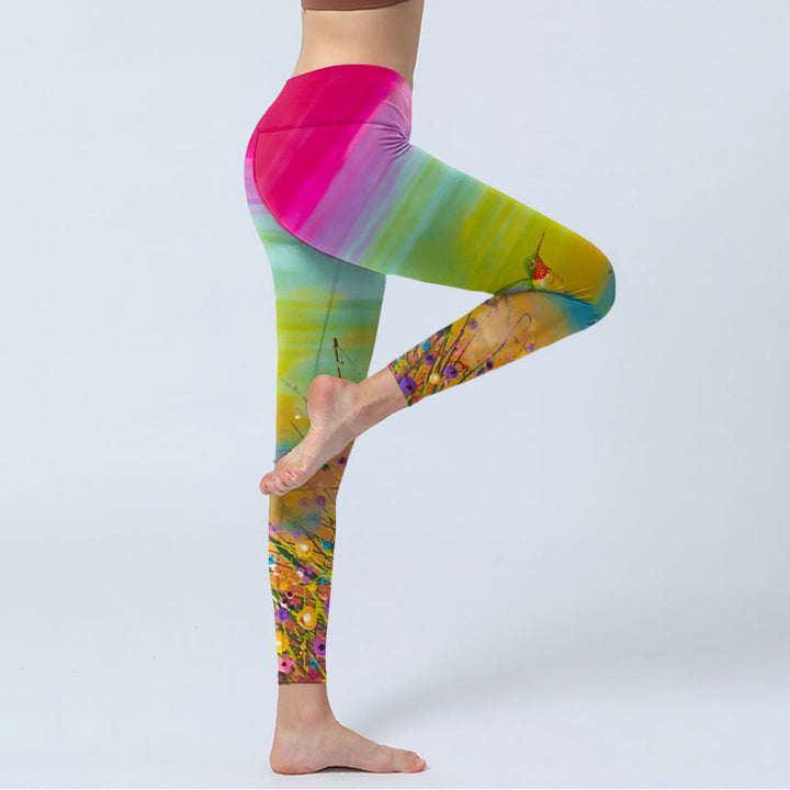 Leggings de sport imprimés Buddha Stones , fleurs et oiseaux, pantalons de yoga pour femmes - image 4