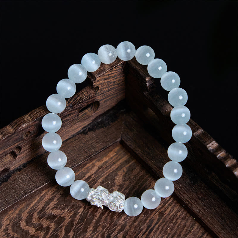 Bracelet Pixiu positif en argent sterling 990 avec perles œil de chat naturelles et Buddha Stones