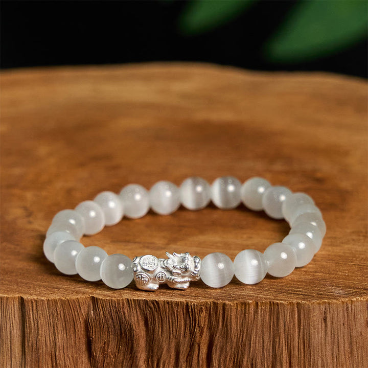 Bracelet Pixiu positif en argent sterling 990 avec perles œil de chat naturelles et Buddha Stones