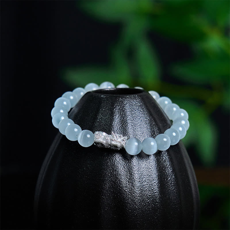 Bracelet Pixiu positif en argent sterling 990 avec perles œil de chat naturelles et Buddha Stones