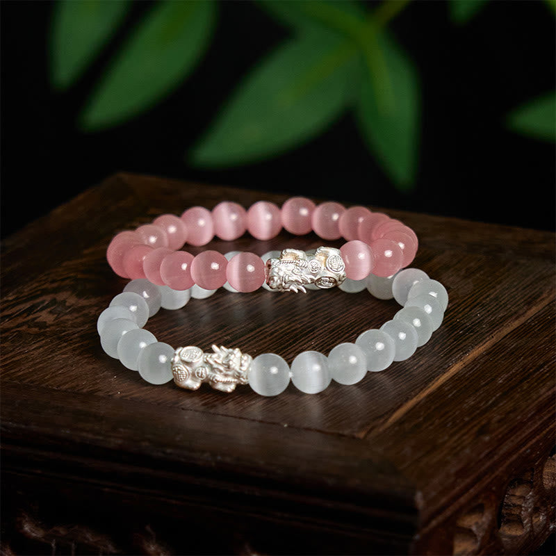 Bracelet Pixiu positif en argent sterling 990 avec perles œil de chat naturelles et Buddha Stones