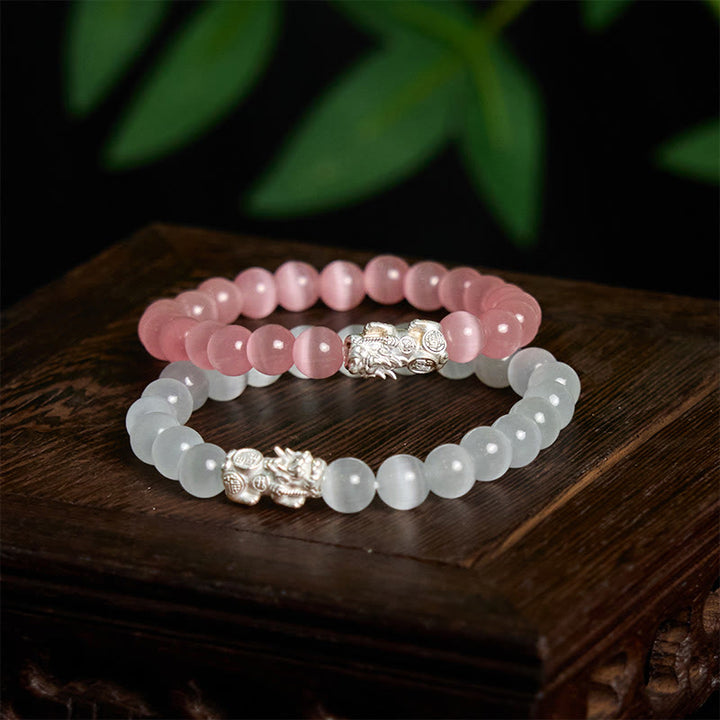 Bracelet Pixiu positif en argent sterling 990 avec perles œil de chat naturelles et Buddha Stones