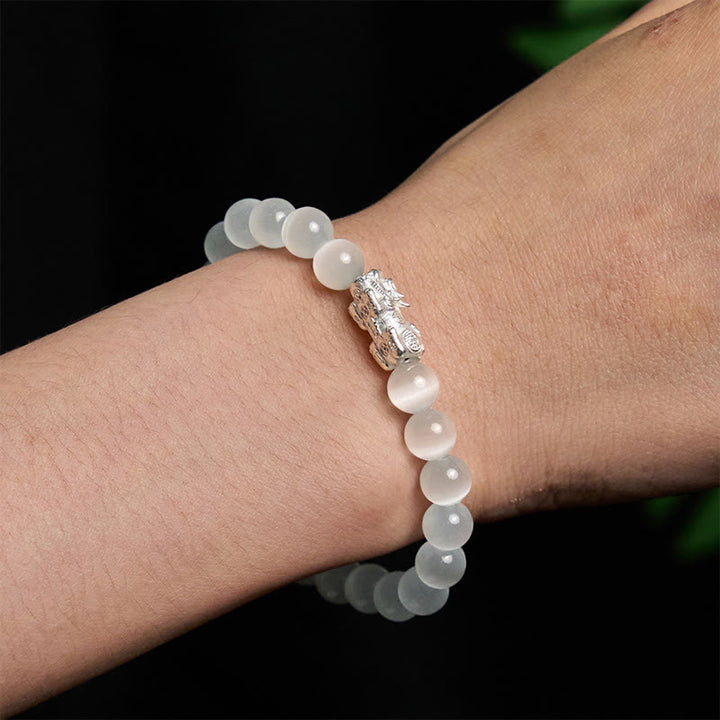 Bracelet Pixiu positif en argent sterling 990 avec perles œil de chat naturelles et Buddha Stones