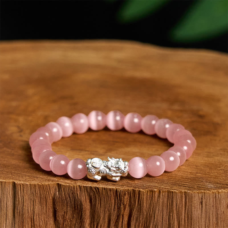 Bracelet Pixiu positif en argent sterling 990 avec perles œil de chat naturelles et Buddha Stones