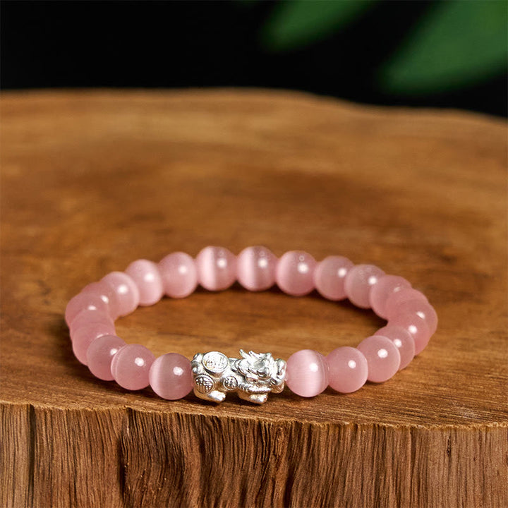 Bracelet Pixiu positif en argent sterling 990 avec perles œil de chat naturelles et Buddha Stones