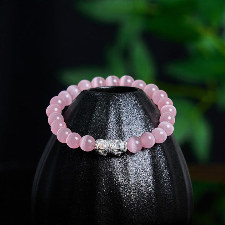 Bracelet Pixiu positif en argent sterling 990 avec perles œil de chat naturelles et Buddha Stones